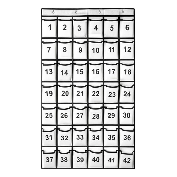Hanging Classroom Cell Phone Organizer, 42 Numbered Pockets, Wall & Door Storage Holder, White/Black Trim