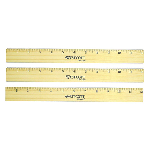 Flat Wood Ruler With Two Double Brass Edges, Standard/Metric, 12 in, Clear Lacquer Finish, Set of 3