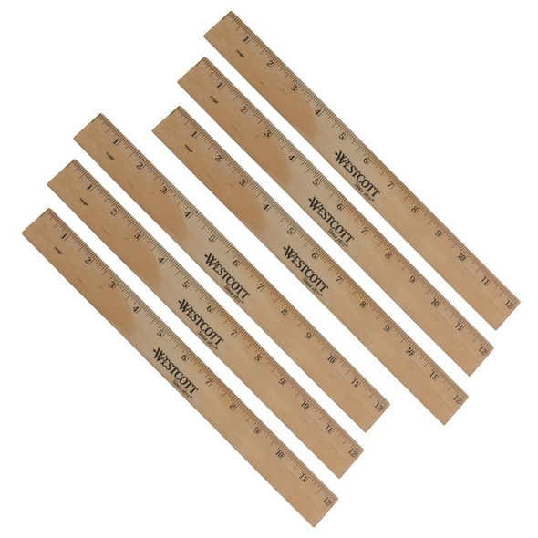 Wood Ruler, Metric and 1/16 in Scale With Single Metal Edge, 12 in Long, Set of 6