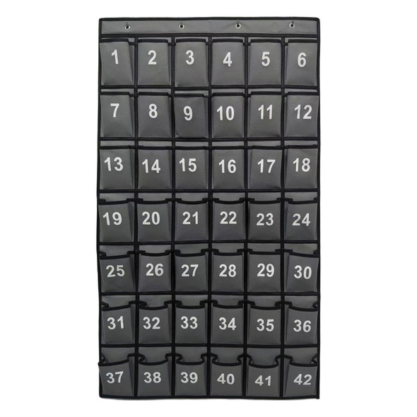 Hanging Classroom Cell Phone Organizer, 42 Numbered Pockets, Wall & Door Storage Holder, Grey/Black Trim