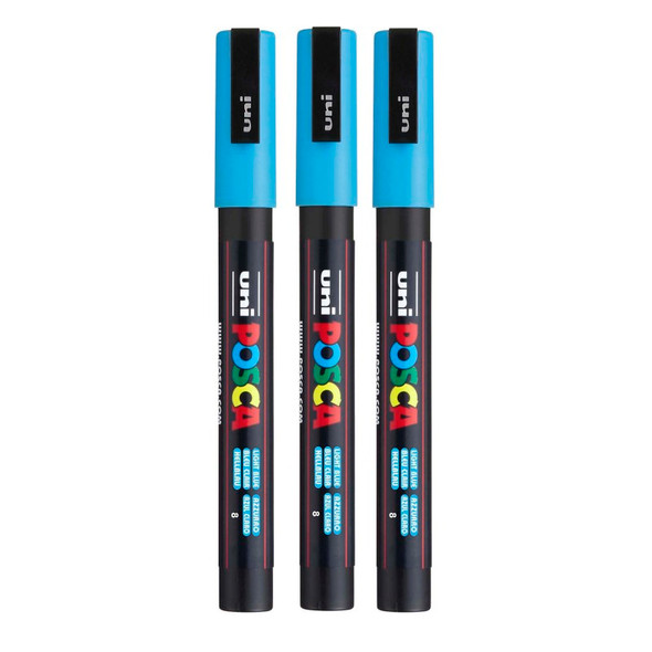 uni® PC-3M Water-Based Paint Markers, Reversible Fine Tip (0.9-1.3mm), Light Blue, Set of 3
