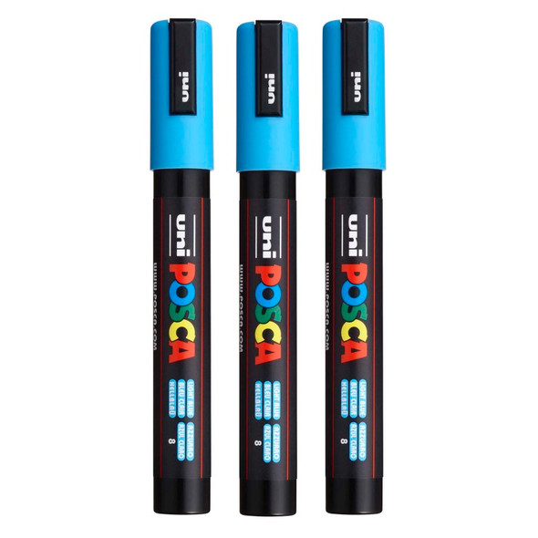 uni® PC-5M Water-Based Paint Markers, Reversible Medium Tip (1.8-2.5mm), Light Blue, Set of 3