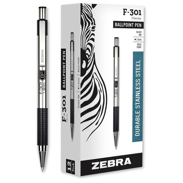 Retractable Ballpoint Pens, Stainless Steel Barrel, 1.6mm Bold Point, Black Ink, 12 Count