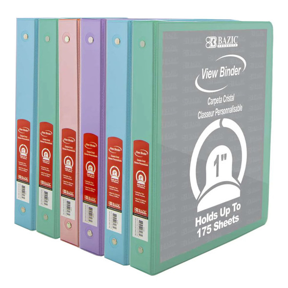 1" 3-Ring View Binder with 2-Pockets, Assorted Pastel Colors, Set of 6