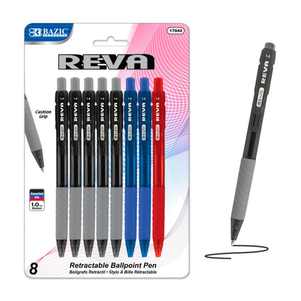 Reva Retractable Pens, 1.0 mm Medium Tip, Assorted Ink Colors, 8-Count