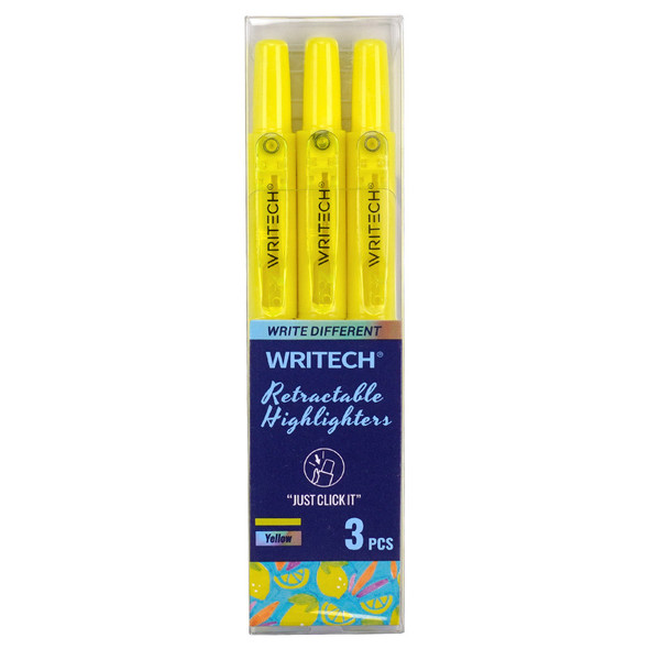Retractable Highlighters, Neon Yellow, 3-Pack