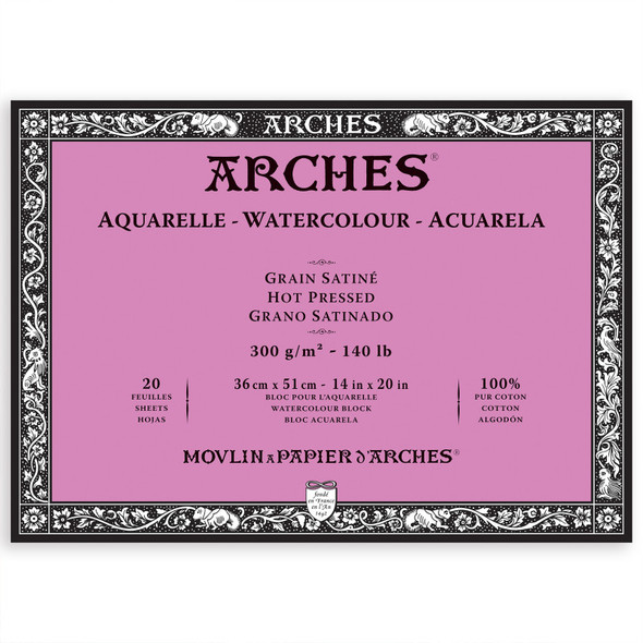 Arches Aquarelle Watercolor Paper Block, Hot Press, Natural White, 140lb/300gsm, 20 Sheet, 14x20 inch, 1 Count