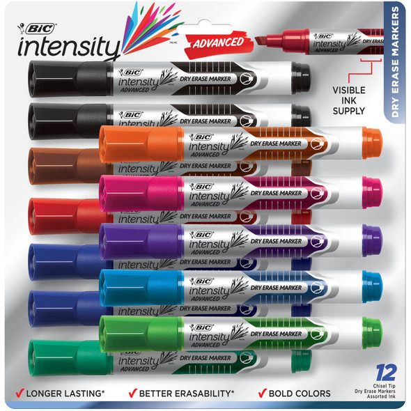 Intensity Advanced Dry Erase Markers, Chisel Tip, Assorted Colors, 12 Count