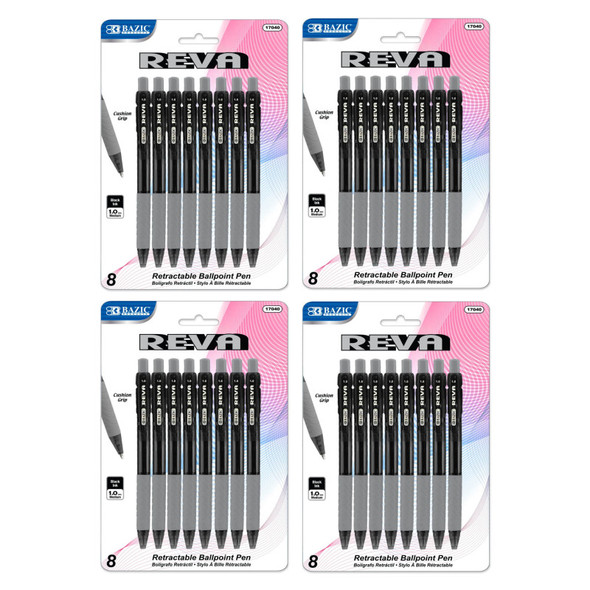 Reva Retractable Pens, 1.0 mm Medium Tip, Black Ink, 4 Packs of 8