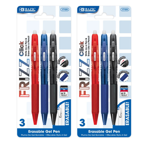 Frizz Erasable Gel Retractable Pens with Grip, Assorted Ink Colors, 2 Packs of 3