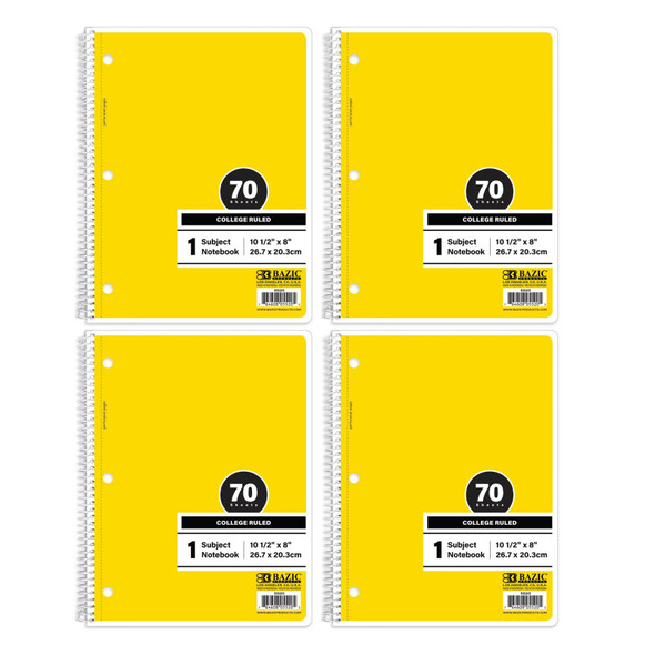 1-Subject Spiral Notebooks, College Ruled, 70 Count, Yellow, 4-Pack
