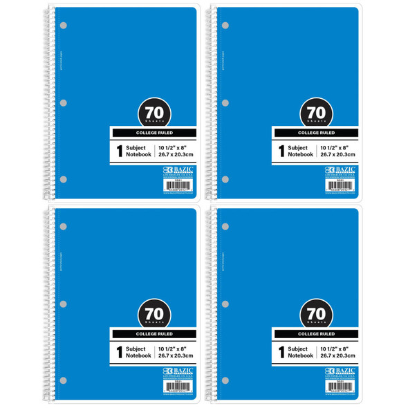 1-Subject Spiral Notebooks, College Ruled, 70 Count, Blue, 4-Pack