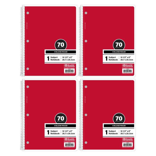 1-Subject Spiral Notebooks, College Ruled, 70 Count, Red, 4-Pack