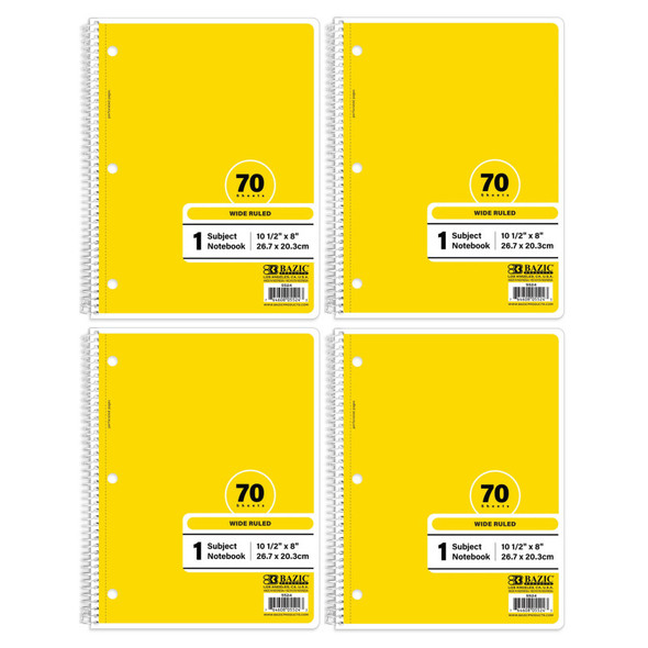 1-Subject Spiral Notebooks, Wide Ruled, 70 Count, Yellow, 4-Pack