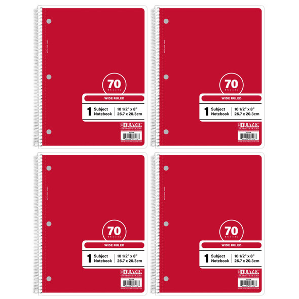 1-Subject Spiral Notebooks, Wide Ruled, 70 Count, Red, 4-Pack