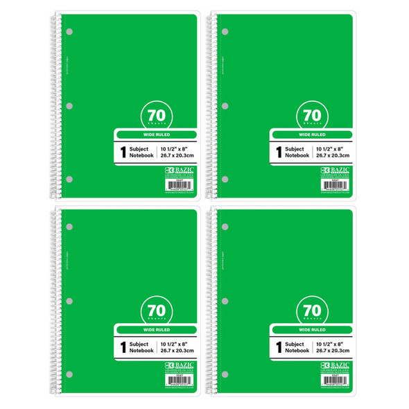 1-Subject Spiral Notebooks, Wide Ruled, 70 Count, Green, 4-Pack