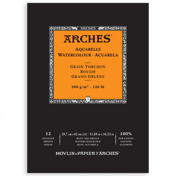 Arches Aquarelle Watercolor Paper Pad, Rough, Natural White, 140lb/300gsm, Glue Binding, 12 Sheet, 11.69x16.53 inch, 1 Count