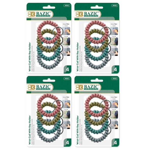 Wrist Coils with Key Holders, Assorted Colors, 4 Packs of 4
