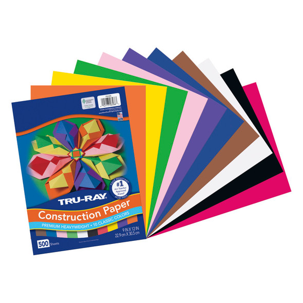 Construction Paper Bulk Assortment, 10 Assorted Colors, 9" x 12", 500 Sheets