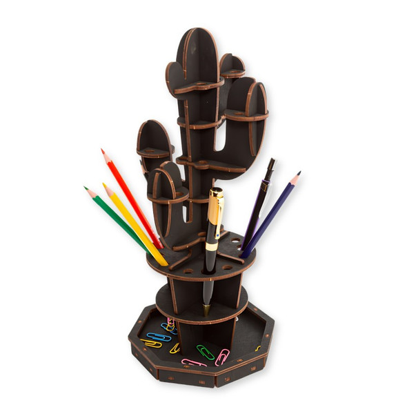 Cactus Desk Organizer Wooden Model Kit with Phone Stand, Black, 46 Pieces