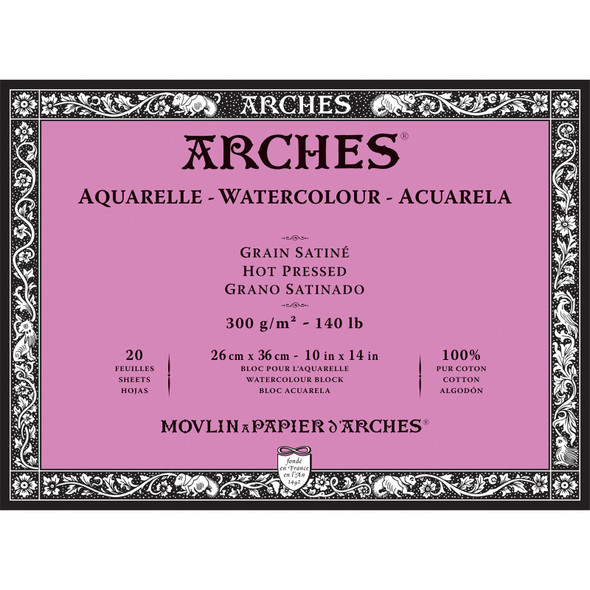 Arches Aquarelle Watercolor Paper Block, Hot Press, Natural White, 140lb/300gsm, 20 Sheet, 10x14 inch, 1 Count
