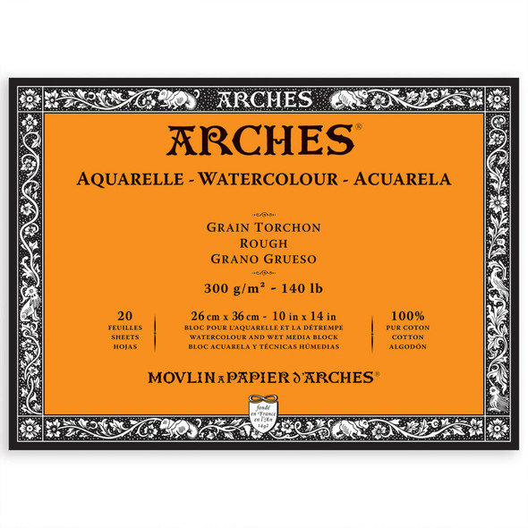 Arches Aquarelle Watercolor Paper Block, Rough, Natural White, 140lb/300gsm, 20 Sheet, 10x14 inch, 1 Count