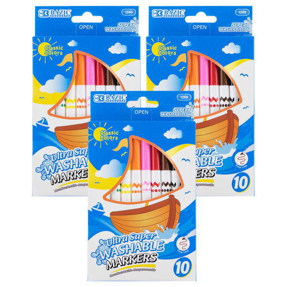 Fine Line Super Washable Markers, 10 Assorted Colors, 3 Packs