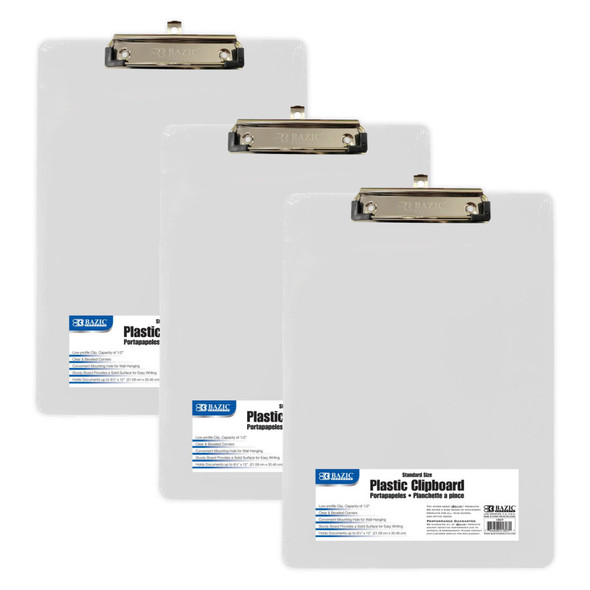 Clear Plastic Clipboard with Low-Profile Clip, Standard Size, 3-Pack