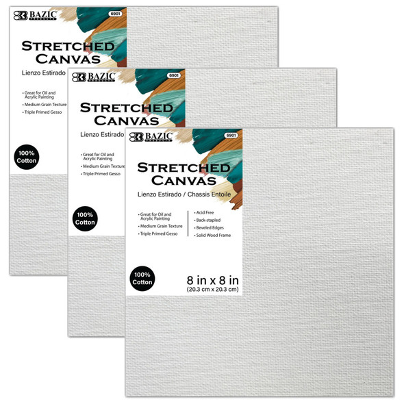 Stretched Canvases, 8 x 8 in, 3-Pack