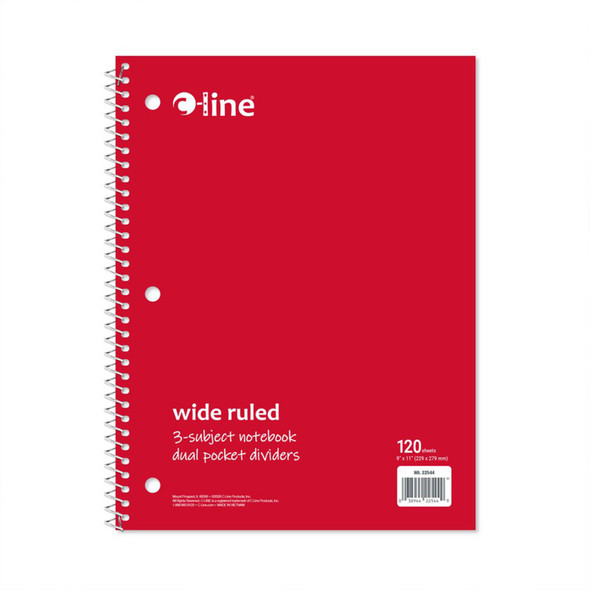 Wide-Ruled 3-Subject Notebook, 120 Sheets, Red