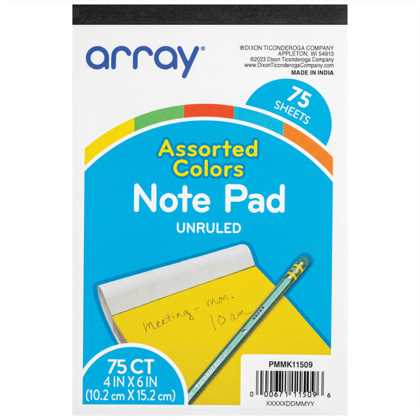 Vibrant Assorted Unruled Note Pad, 4" x 6", 75 Sheets