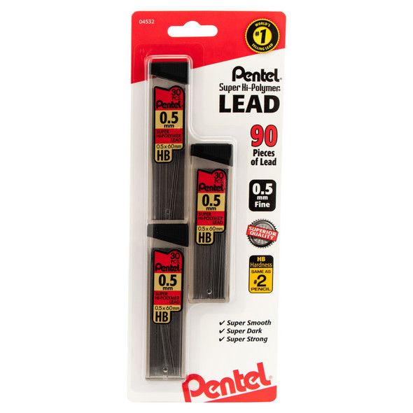 Super Hi-Polymer Lead (0.5mm) Fine, HB, 30-Piece/Tube 3-Pk