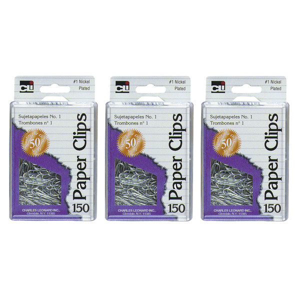 Paper Clips, Size #1, Pack of 150, Silver, 3 Packs