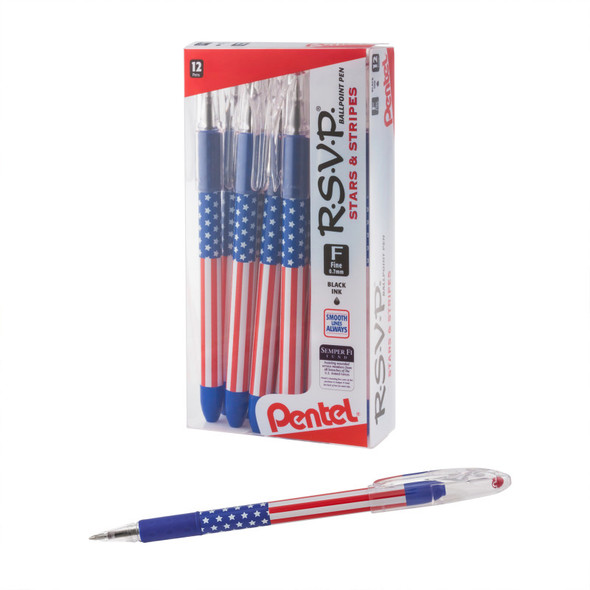 RSVP Ballpoint Pen, (0.7mm) Fine Line, Flag Barrel, Black Ink, 12 Pack