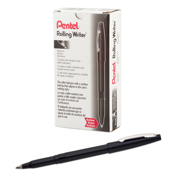 Rolling Writer Roller Ball Pen Medium Line, Black Ink, 12 Pack