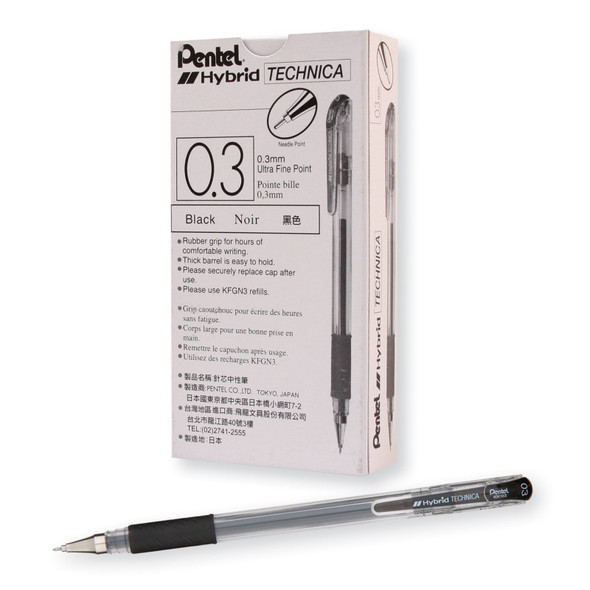 Hybrid Technica Gel Pens, Black, 0.3mm, 12 Pack