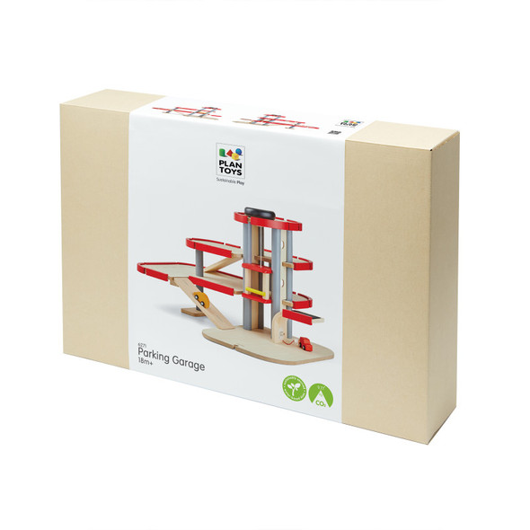 Wooden Parking Garage Play Set with Elevator, Helipad & Cars