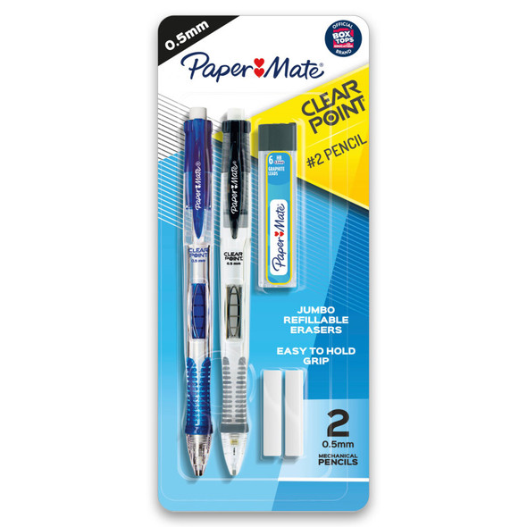 Paper Mate® Clearpoint® Mechanical Pencils, HB #2 Lead (0.5mm), Assorted Barrel Colors, 2 Pencils, 1 Lead Refill Set, 2 Erasers