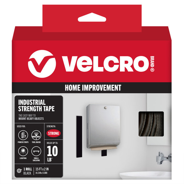 Industrial Strength Hook and Loop Tape, 15 ft x 2 in, Black