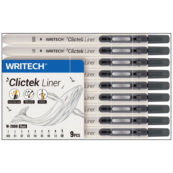 ClicTek Retractable Fineliner Pens, Black Ink, 9 Tip Sizes