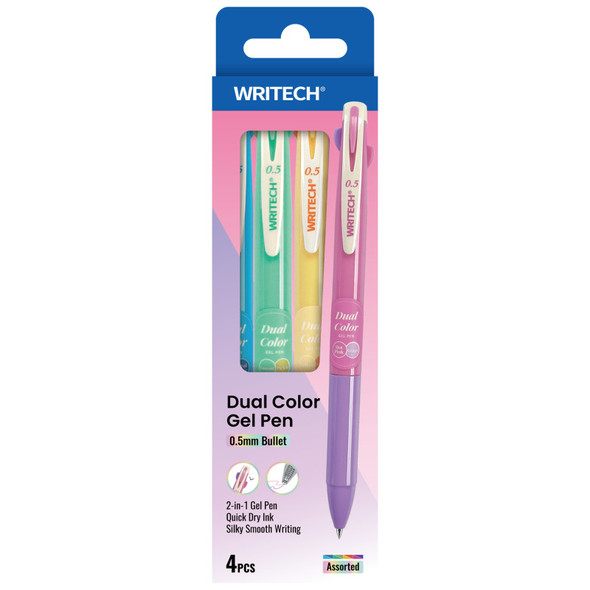 Dual Color Retractable Gel Pens, Assorted Ink Pairings, 4 Count