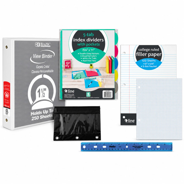 Binder Organization Kit with 1.5-Inch View Binder, Dividers, Pencil Pouch, Ruler, College-Ruled & Graph Paper