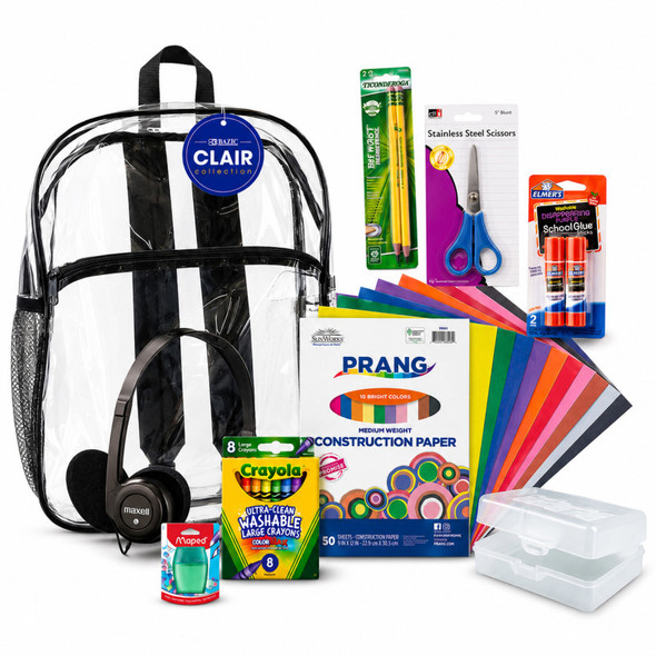 Pre-K Back to School Supply Kit with Clear Backpack, Headphones, Jumbo Pencils, Washable Crayons, Paper & Craft Supplies