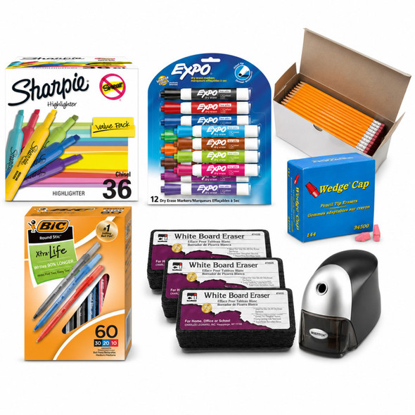 Teacher Back to School Essentials Kit with 144 Pencils, 60 Pens, Dry Erase Markers, Highlighters, Erasers & Electric Sharpener
