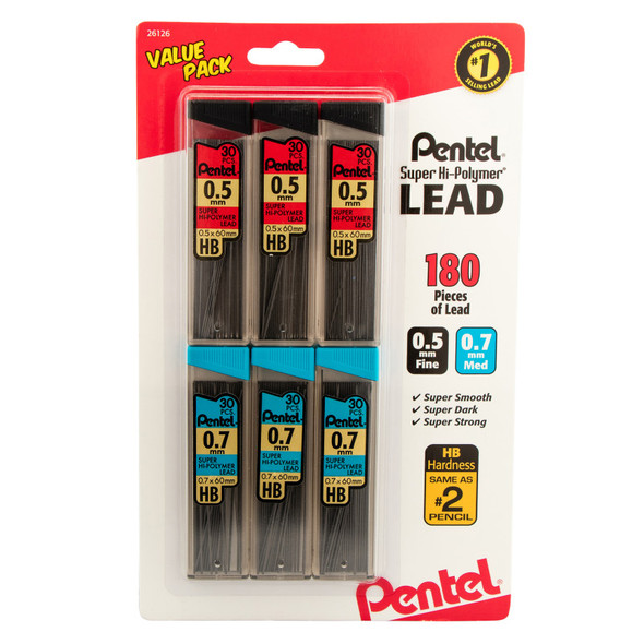 Super Hi-Polymer Lead (0.5/0.7mm) Fine/Medium, HB, 30-Piece/Tube 6-Pk