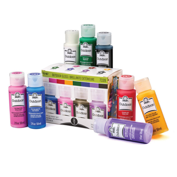 Outdoor Acrylic Paint Set, Weather-Resistant Gloss Finish, 2 fl oz Bottles, 8 Assorted Colors