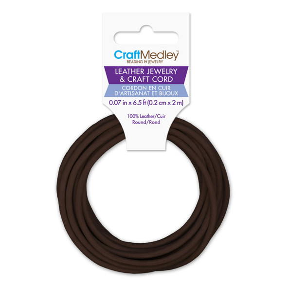 Round Leather Jewelry and Craft Cord, Dark Brown, 2 mm x 2 m