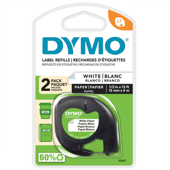 LetraTag Paper Label Tape, 1/2 Inch x 13 Feet, Black on White, 2 Rolls