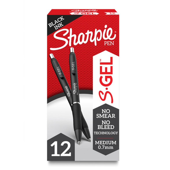 S-Gel Retractable Gel Pens, Medium 0.7 mm, Black, 12 Count