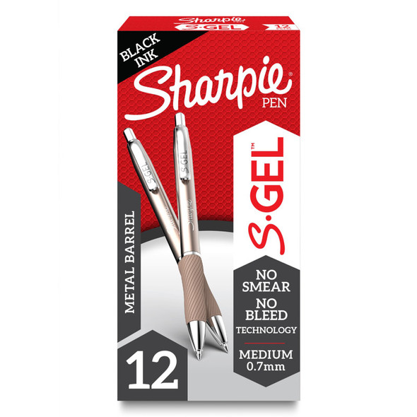 S-Gel Retractable Gel Pens, 0.7 mm, Black with Champagne Metal Accents, 12 Count